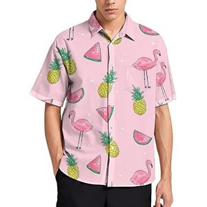 Hawaiiaans shirt met tropische vruchten en flamingo, voor heren, zomer, strand, casual, korte mouwen, button-down shirts met zak