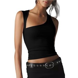 Asymmetrische Mouwloze Crop-tops voor Dames, Sexy Off-shoulder Tanktop, Casual Basisshirt(Color:Black,Size:L)