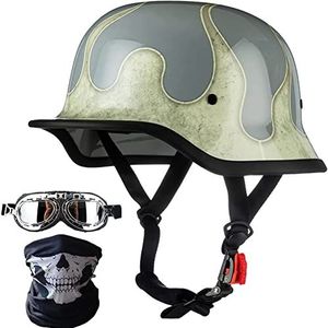 Helm in Duitse stijl met gezichtsmasker en veiligheidsbril, volwassen motorfiets halve helm DOT goedgekeurde heren en dames retro schedelkap halve schaalhelm voor scooter Street Cruiser bromfiets