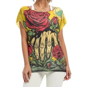 Aquarel Kunstwerk Geel Rood Rose Vrouwen Korte Batwing Mouw Shirt Ronde Hals T-shirts Losse Tops voor Meisjes, Patroon, L
