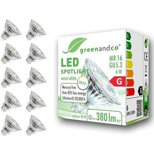 10x greenandco® CRI97+ 2700K 36° LED spot vervangt 40W GU5.3 MR16, 6W 380lm warm wit 12V AC/DC, flikkervrij, niet-dimbaar