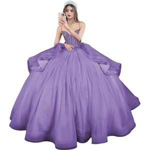 Fuomomo Quinceanera MT054 Jurken met spaghettibandjes, partyjurk met staart, Quinceanera kanten jurk met strik, Quinceanera tule met parels, paars (Dusty Purple), 42