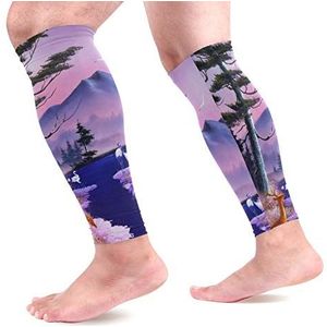 EZIOLY Olie Paiting Peaceful Herten Crane The River Sport Kalf Compressie Mouwen Been Compressie Sokken Kalf Guard voor hardlopen, Fietsen, Moederschap, Reizen, Verpleegkundigen