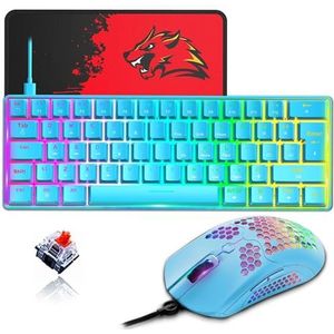 ZIYOULANG RGB Mechanisch Gamingtoetsenbord Combo, UK QWERTY Layout, Mini 62 Toetsen, Afneembare USB-C Kabel, 12.000 DPI RGB Programmeermuis Voor PC - Blauw+Rode Switch