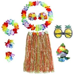 Dames meisjes hoelarok 8 stks/set plastic vezels meisjes vrouw Hawaiiaanse rok gras kostuum bloem rok zonnebril hoela dansjurk feest Hawaii strand (kleur: A-veelkleurig, maat: 80 cm)