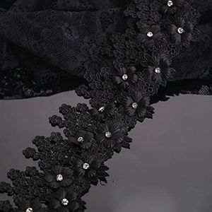 Iace-afwerking Bloemenkanten afwerking met strass-steentjes, 3D-bloemgeborduurde afwerkingen, 1 meter 3, inch kanten rand for kleding(Black)