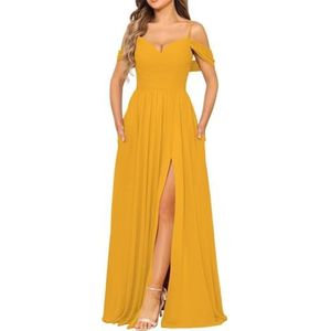 Chiffon bruidsmeisjesjurk voor dames met split avondjurken baljurk cocktailjurk grote maten, Mosterd Geel, 32