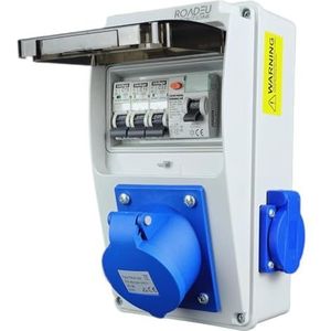 RoadEu - Stroomverdeler 230V - 1-fase CEE 32A - 3P Contactdoos en 2x Schuko Contactdoos met Zekering en Aardlekschakelaar - IP44