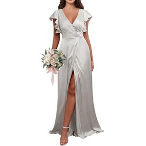 HPPEE Flutter Mouw V-hals Satijn Bruidsmeisjesjurken voor Vrouwen A-lijn Strand Bruiloft Gast Jurk Formele Jurk, Zilver, 32