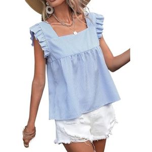 dames topjes Gestreepte blouse met ruches (Color : Blue and White, Size : L)