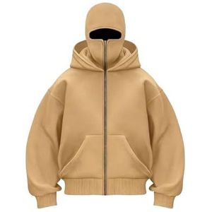 Hoodie met rits en ingebouwde bivakmuts, modieuze hoodie met dubbele laag, hiphopjas en Y2K-sweatshirt for heren(Camel,3XL)