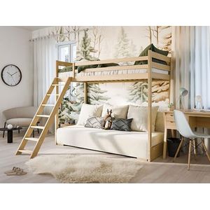 thematys® Liona Stapelbed en sofa voor kinderen, 90 x 200/140 x 200 cm, veelzijdig, ombouwbaar met ladder en valbescherming (naturel met lichte overtrek)