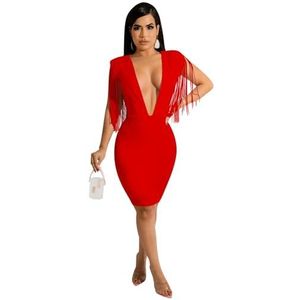 SXHEYUY - Damesjurk - Rood - Mini-jurk - Bodycon - Diepe V-hals