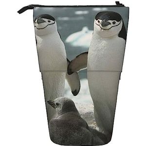 Antarctica Pinguïn Ouders en Kuikens Etui Telescopische Make-up Tas Pop Up Office Organizer Box Staande Pen Houder Cosmetica Tas met Ritssluiting, Zwart, Eén maat, Munten Pouch