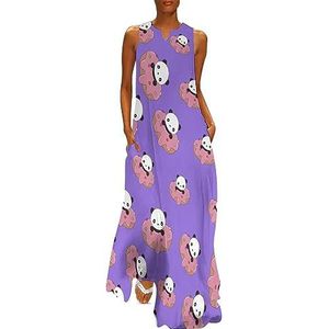 Schattige donuts en panda enkellengte jurk slanke pasvorm mouwloze maxi-jurken casual zonnejurk 3XL