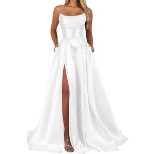 Satijnen bruidsmeisjesjurken voor dames, voor bruiloft, ruches, avondjurken, cocktailjurken, grote maten, Wit, 32