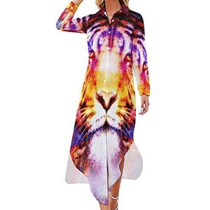 Magical Space Tiger maxi-jurk voor dames, lange mouwen, knoopsluiting, casual party, lange jurk, 2XL