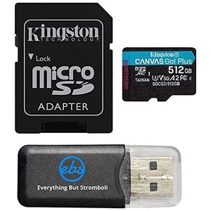 Kingston 512GB Canvas Go Plus MicroSD Memory Card with Adapter Works with GoPro Hero 10 (Hero10) Class 10, V30, A2, SDXC (SDCG3/512GB) Bundle with (1) Everything But Stromboli MicroSD Card Reader