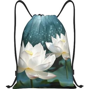 BTCOWZRV Trekkoord Rugzak Witte Lotus Bloemen Print Waterdichte String Bag Verstelbare Gym Trekkoord Tas Sport Sackpack, Zwart, Medium
