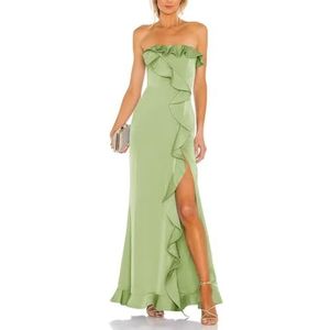 Dames Strapless Ruches Prom Jurken met Split Mouwen Satijn Bruidsmeisje Jurken A-lijn Formele Avond Party Jassen, Erwt Groen, 32