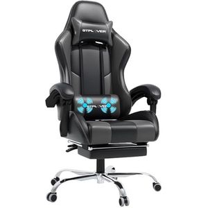 GTPLAYER Game stoel massage, gaming bureaustoel ergonomische met voetensteun, verstelbare hoofdsteun en lendensteun, in hoogte verstelbaar,Grijs