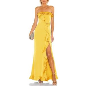 Dames Strapless Ruches Prom Jurken met Split Mouwen Satijn Bruidsmeisje Jurken A-lijn Formele Avond Party Jassen, Gans Geel, 32