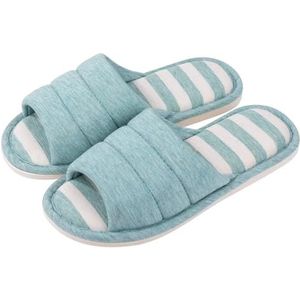 HKYBCF Stoffen pantoffels vrouwen katoenen pantoffels binnen open teen zachte slippers casual flip flop dames huis instappers traagschuim slaapkamer flats schoenen (groenblauw, 37-38 (9-9,2 inch))