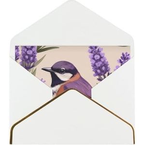 Vogel in paarse lavendel bloemen bloemen bedrukte wenskaarten, prachtige blanco wenskaarten met enveloppen, grappige kaarten voor elke gelegenheid