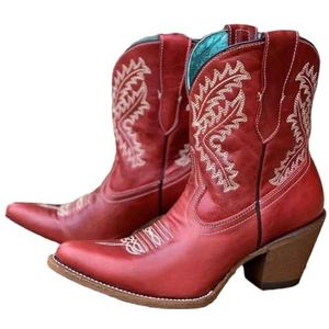 Lmtossey Dames geborduurde westernlaarzen enkellaarzen cowgirl cowgirl instappers blokhak retro schoenen, Rood, 41.5 EU