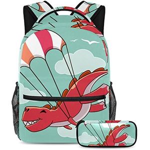 Skydiving dinosaurus rugzak met etui, 2 stuks Kid Schooltas Set voor Jongens Meisjes Tieners, Travel Book Bag voor Studenten, Meerkleurig, B：29.4x20x40cm P：19x7.5x3.8cm, Rugzakken