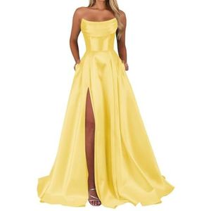 Satijnen bruidsmeisjesjurken voor dames, voor bruiloft, ruches, avondjurken, cocktailjurken, grote maten, Geel, 32
