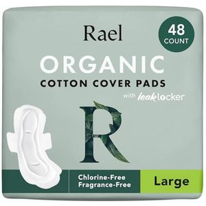 Rael Maandverband van biologisch katoen - zwaar absorberend, ultradunne menstruatiepads met vleugels voor vrouwen, ongeparfumeerd, hypoallergeen, veganistisch, bulk kopen (Large, 48 stuks)