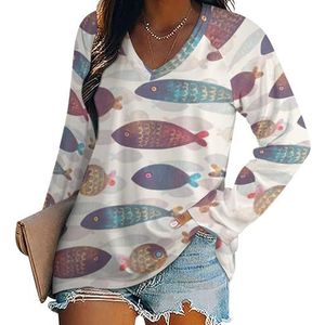 Grappige Kleurrijke Aquarel Viskunst Vrouwen V-hals Shirt Lange Mouw Tops Casual Losse Fit Blouses