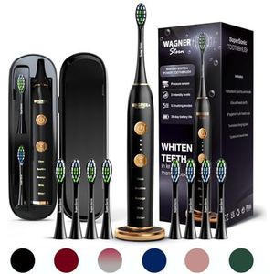 Wagner & Stern WHITEN+ Edition. Slimme elektrische tandenborstel met druksensor, 5 poetsmodi en 3 intensiteitsniveaus, 8 zachte nrush-hoofden, premium reiskoffer. (Black)