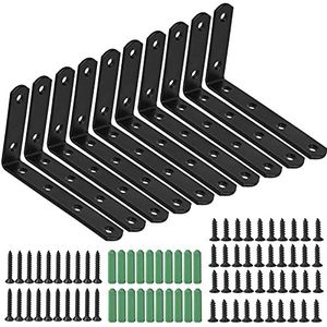 Set van 10 hoekverbinders, roestvrij staal, hoekklemmen, 90 graden, L-vorm, hoekklemmen, 125 mm x 75 mm, meubelhoekhoek met 60 schroeven, voor houten planken, ramen (zwart)