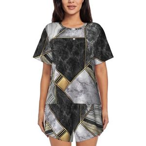 YQxwJL Zwarte Marmeren Textuur Gouden Print Vrouwen Pyjama Sets Shorts Korte Mouw Lounge Sets Nachtkleding Casual Pjs Met Zakken, Zwart, XL