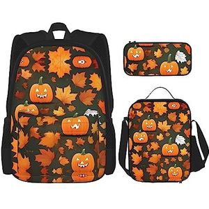 OdDdot Schoolrugzakset, reisrugzak, lichtgewicht boekentas, met lunchtas, etui - wit en zwart grote stip print, Happy Thanksgiving Day Pompoen, Eén maat, Schooltas Set