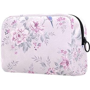 Kleurrijke katten met gebogen staarten patroon reizen make-up tas grote cosmetische tas make-up case organizer rits zakje voor vrouwen meisjes, Gekleurde paarse vogels op bloemenpad glitter, 18.5x7.5x13 cm/7.3x3x5.1 inch, Tas Organisator