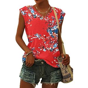 WNEEDU T-shirt Dames Zomer V Hals Tanktop Losse Blousetops Zomer Dames Luchtig met Kapmouwtjes Bloemen Rood Blauw XL