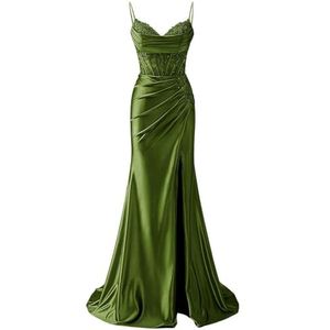 YIANN Satijnen baljurk met spaghettibandjes voor dames, met split, kant, applicatie, zeemeermin, lange baljurk, formele jurk, Olijfgroen, 32