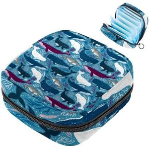 JAVENPROEQT Opbergtas voor maandverband, 1 stuks, grote maandverband, organizer, herbruikbare eerste menstruatietas voor meisjes, dames, 17 x 17 x 12 cm, paars-blauw haaipatroon, oceaan