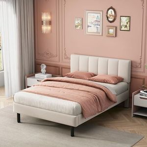 Aunvla Gestoffeerd bed, ijzeren poten, lattenbodem, eenvoudig design, 140 x 200, matras niet inbegrepen, sherpa-stof, beige