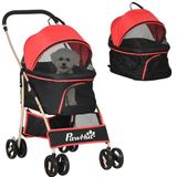 PawHut Hondenkar, 2-in-1 Hondenbuggy, Draagtas, Opvouwbare Hondenbuggy met Kussen, Kattenkar voor Kleine Honden, Katten, Kattenbuggy met 4 Wielen, Netraam, Oxfordstof, Rood