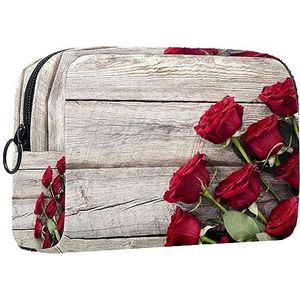 Kleine make-uptas voor dames, make-uptas, cosmetische reistas,houten rode rozen Afdrukken