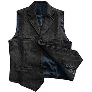 Heren Visgraat Formele Vesten Pak wol Zakelijke Tweed Jurk Gilets slim fit(X-Large, zwart)