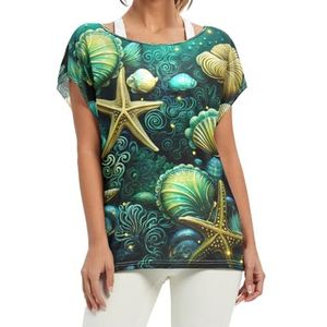 Ocean Animals Starfish T-shirt voor dames, korte vleermuismouwen, ronde hals, losse tops voor meisjes, Patroon, L
