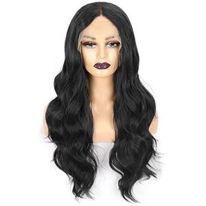 DieffematicJF Pruik Wig Female Wig 13 * 4 Front Lace Mid Split Large Wave Long Curly Hair Black Full Head Cover