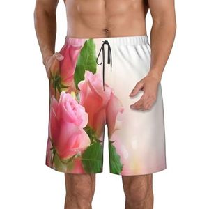 JIAWUJYNB Roze rozen print strandshorts voor heren, lichtgewicht, sneldrogend, zwembroek met trekkoord en zakken, Wit, S