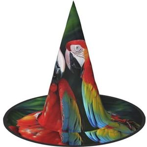 RLDOBOFE Heksenhoed Twee Gekleurde Papegaaien Gedrukte Tovenaarshoed Unisex Halloween Hoed Voor Cosplay Party Decoraties