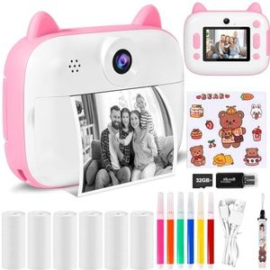 Kindercamera, instant camera, digitale camera, print 1080p, 16x digitale zoom, 2,4 inch scherm, 32 GB kaart, 3 rollen printpapier, met opbergtas, kerstcadeau voor kinderen van 3-12 jaar